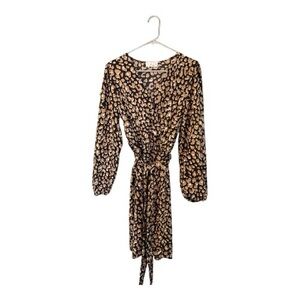 Kaileigh Animal Print Long Sleeve V Neck Tie Dress - Black & Tan Large